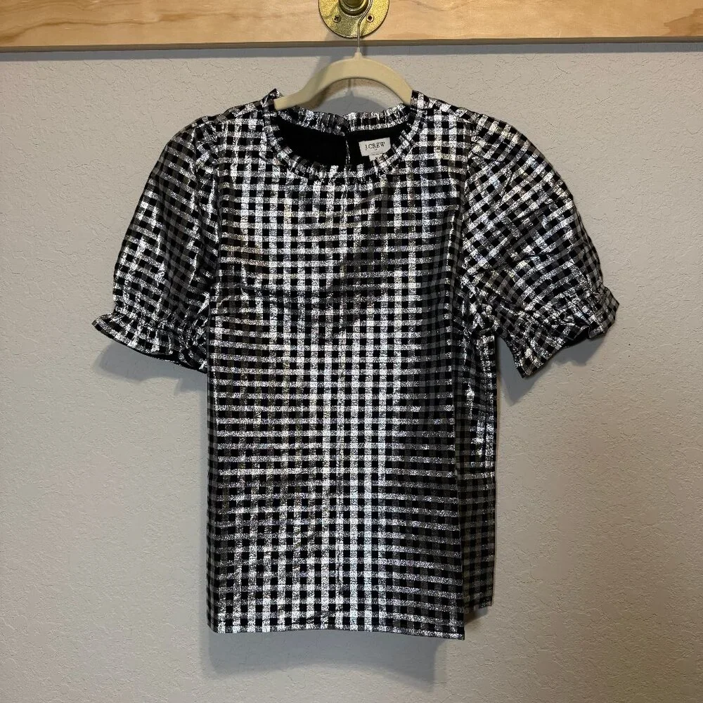Women's J. Crew Black and Silver Check Metallic Short Sleeve Shirt Size S NEW